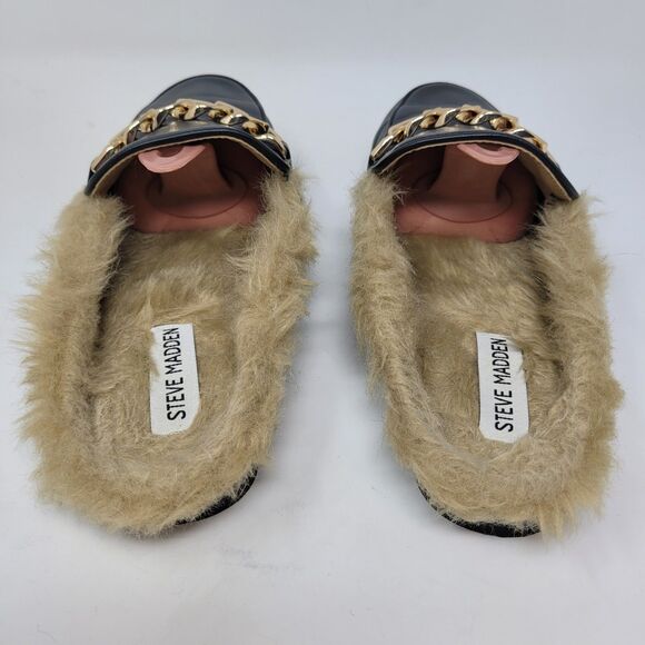 Steve Madden size 8 Raam fur Mule Klaire Leather Slide Slippers Gold Black flats - Picture 3 of 7